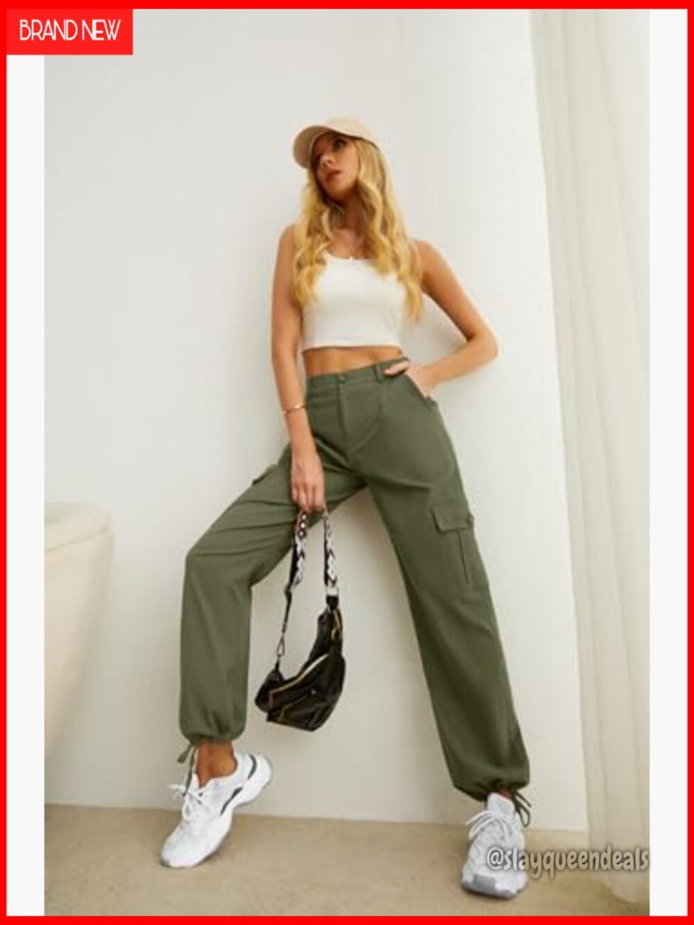 High Waisted Cargo Pants Y2K Streetwear Baggy Stretchy 6 Pockets Drawstring Cuff - Picture 2 of 7